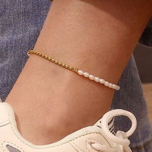 NEW Yellow Gold‎ Plated 316L Freshwater Pearl Anklet Bracelet